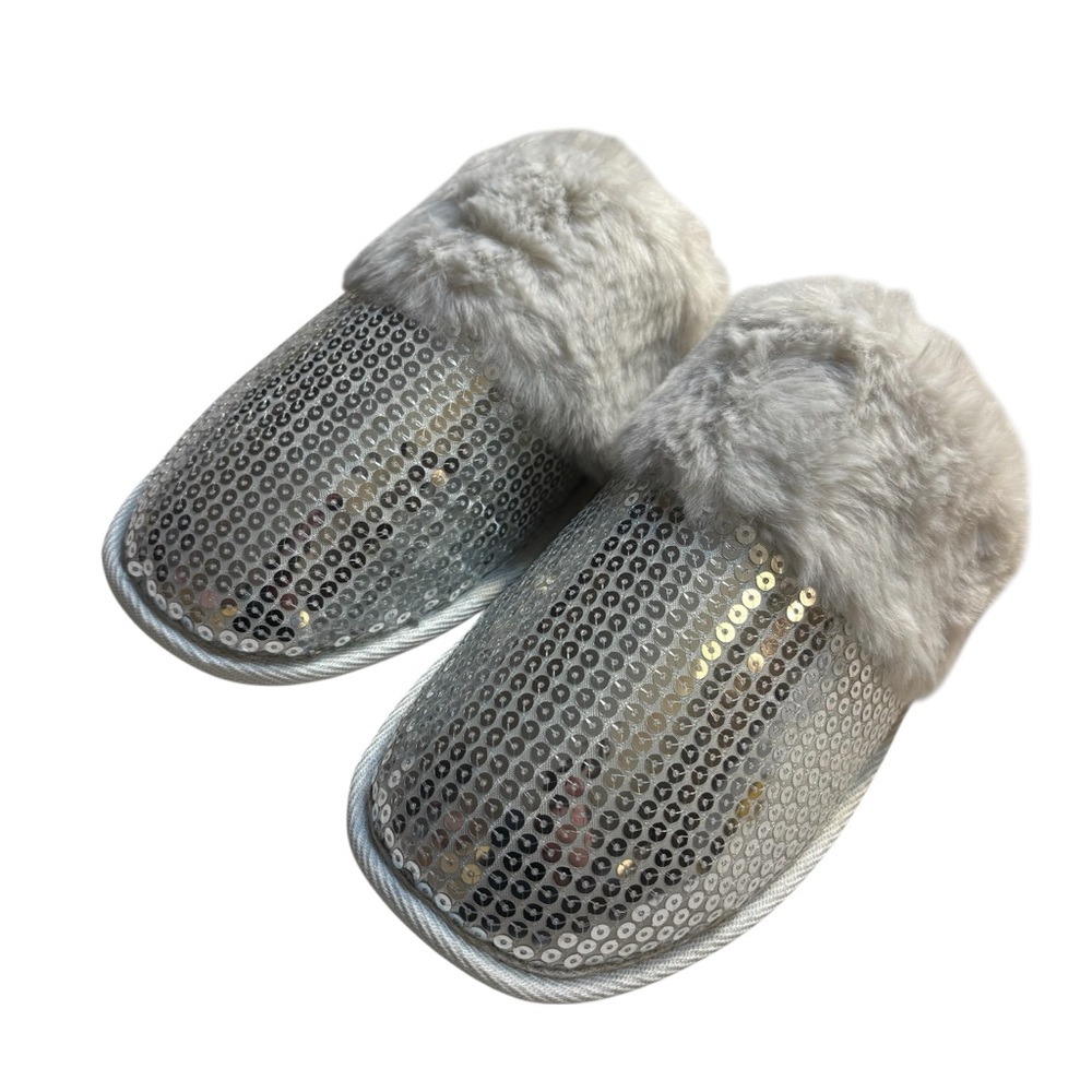NEW Auden Slippers XL (11/12) Silver Sequins with Faux Fur Lining Cozy NWT - Picture 2 of 13